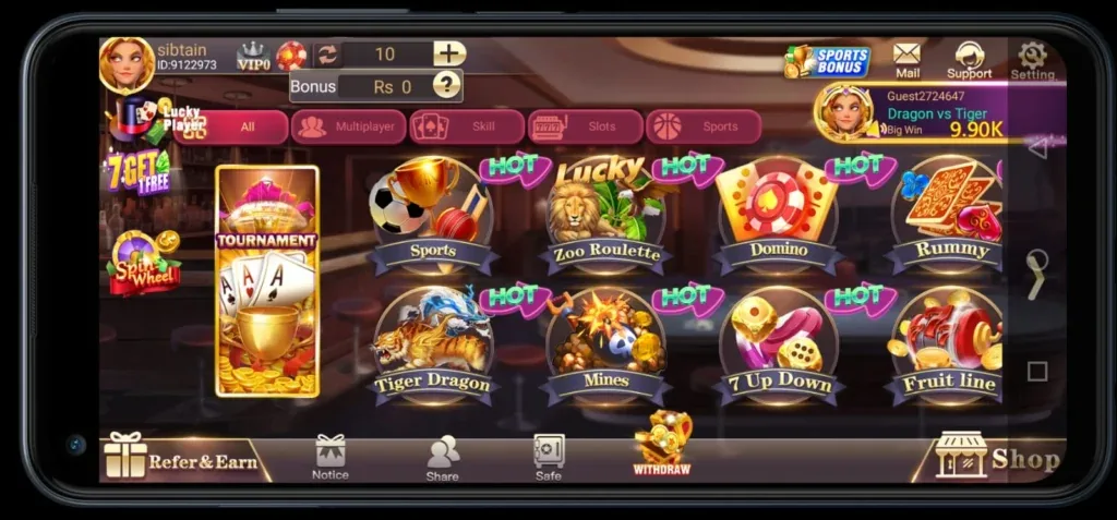 3 Patti Blue game lobby with Teen Patti, Rummy, Tiger Dragon and Mines